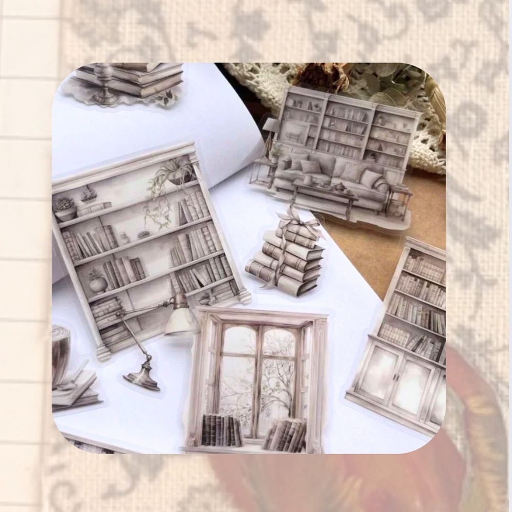 🎉🎉Reading Corner vintage victorian book, library, furniture sticker pack